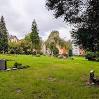 Eine Wiese auf einem Friedhof, die von Häusern umrandet ist. Auf der Wiese sind nur noch vereinzelt Grabstätten zu finden.